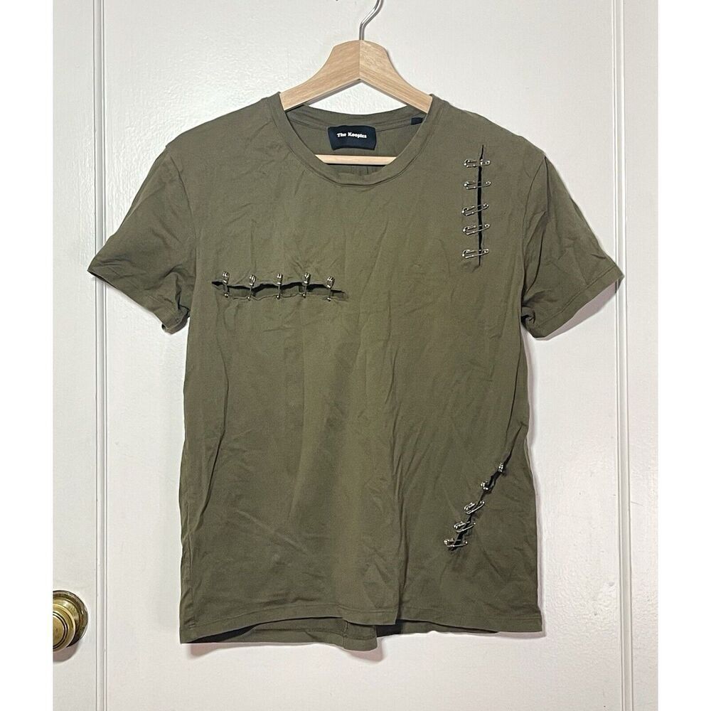 THE KOOPLES Army Green Slashed Safety Pin 100% Cotton Edgy Tee Women’s Size L US